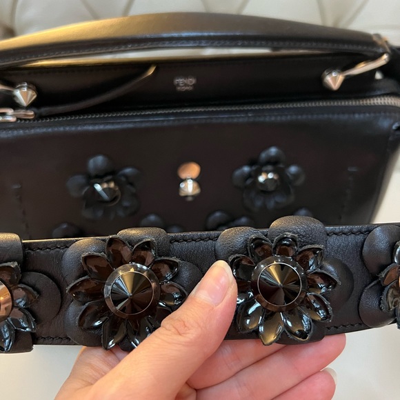 Fendi Dotcom Black Leather Bag Flowers Studded with Matching Strap Satchel - Picture 10 of 14